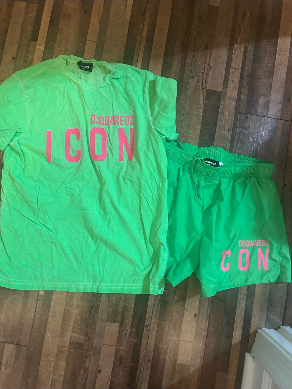 DSQUARED Neon Green Logo Swim Shorts and Tshirt